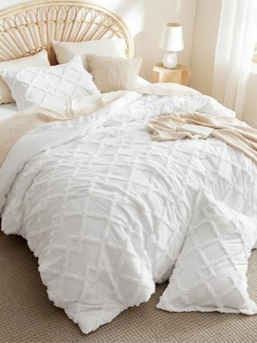 Bedsure Boho Comforter Set Queen - White Tufted Queen Size Comforter, 3 Pieces F